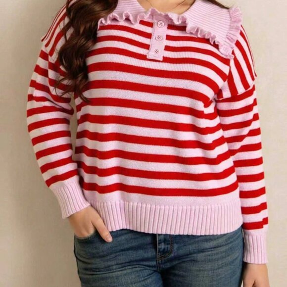 Multicolor Casual Women's Plus Size Knitted Pullover Top - Picture 5 of 6